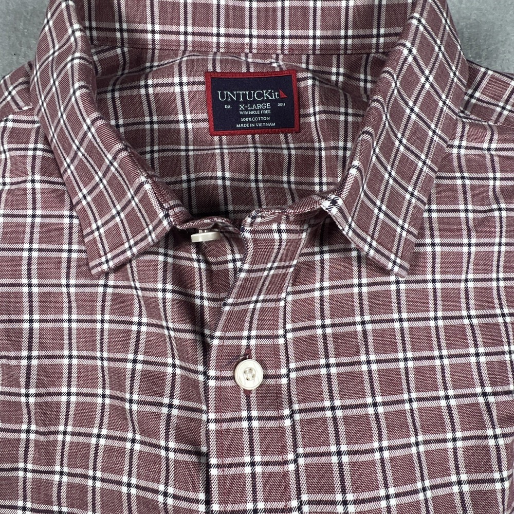Men's UNTUCKit Red Plaid Long Sleeve 100% Cotton Shirt Wrinkle Free Size XL